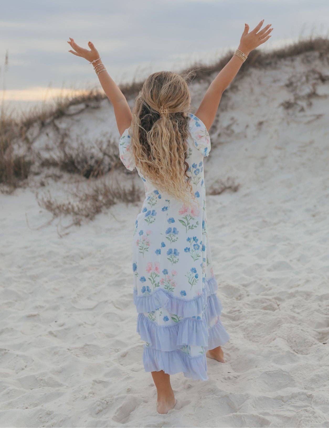 Kids Bella Dainty Blue Floral Flutter Sleeve Ruffles Dress