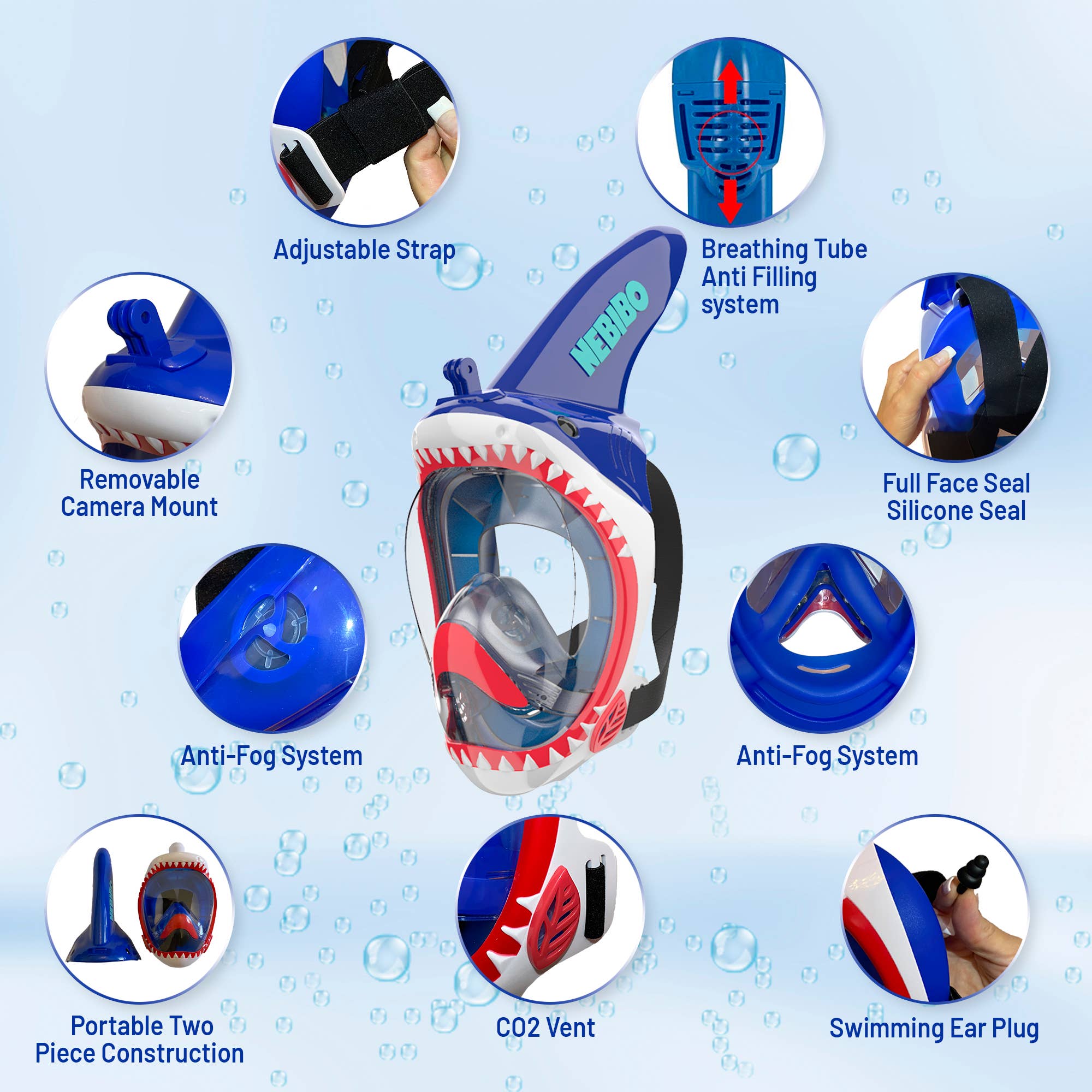 NEBIBO - Shark Snorkel Mask for Kids: Blue / SM