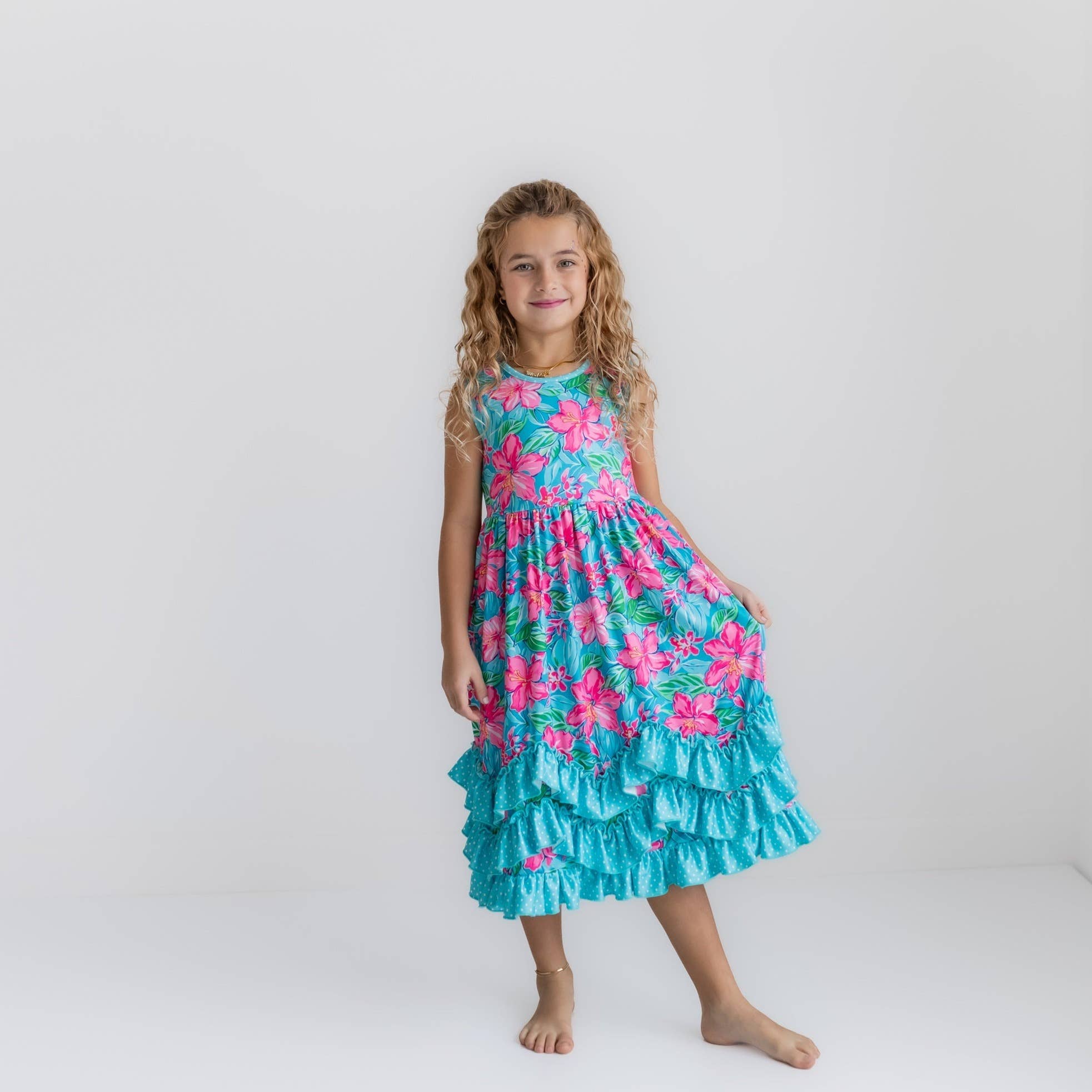 Pink Blue Tropical 3 Ruffle Spring Summer Dress