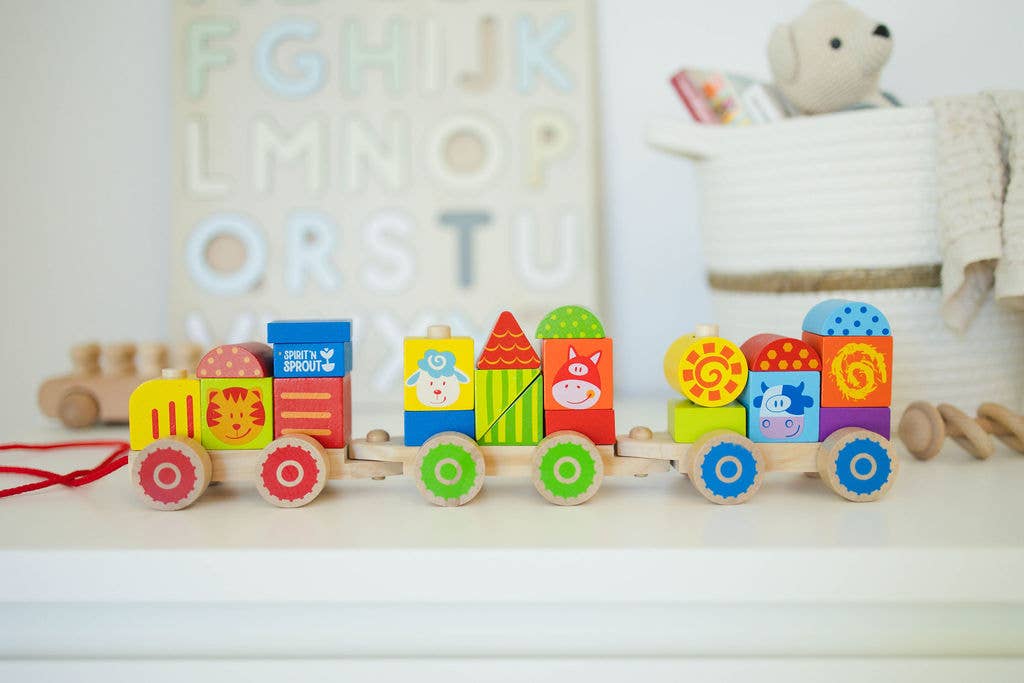Spirit 'N Sprout - CASE Wooden Stacking Train Set for Kids - Pull Along Train