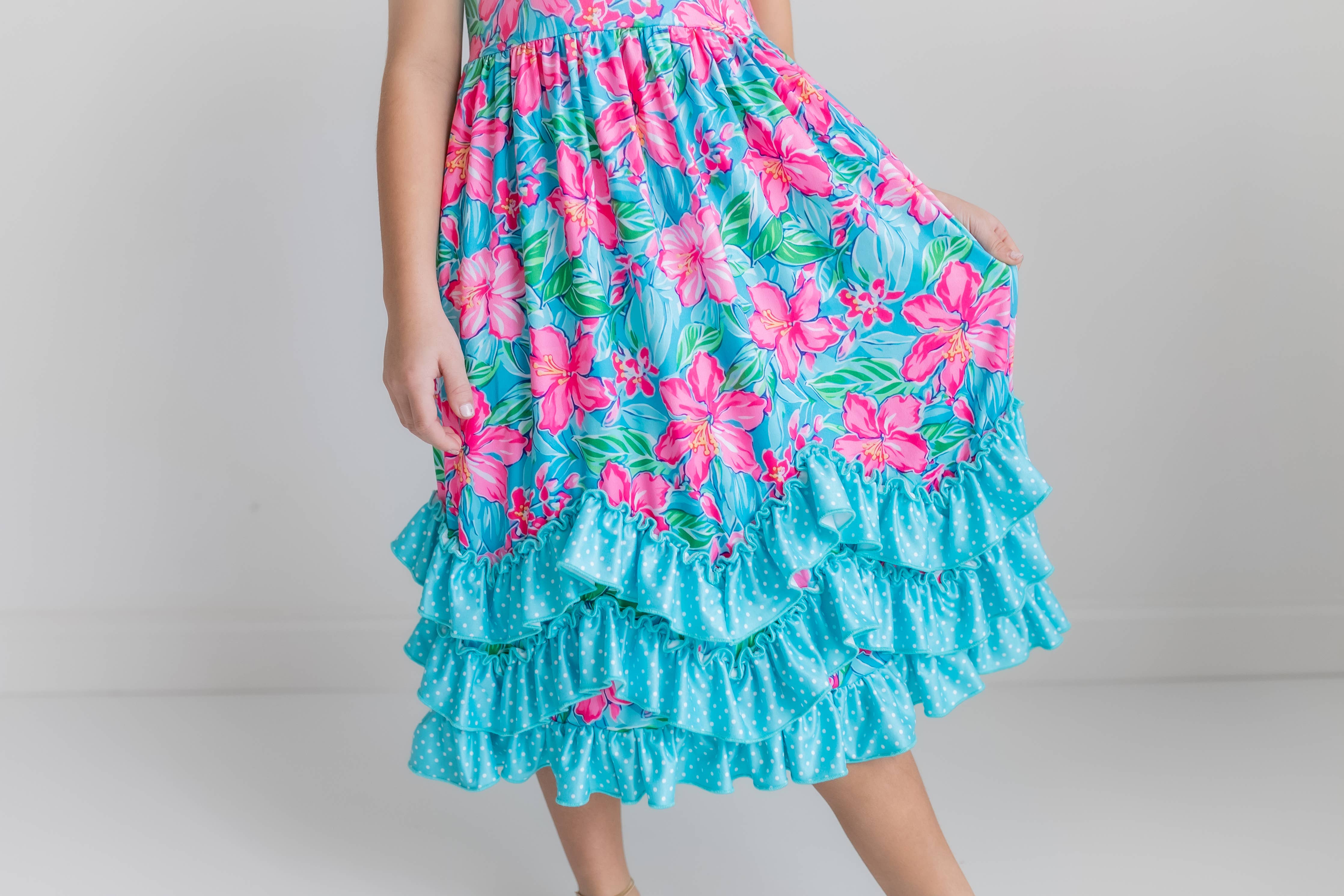 Pink Blue Tropical 3 Ruffle Spring Summer Dress