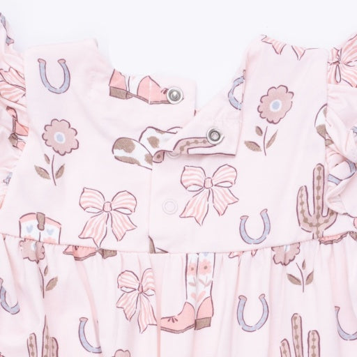 Angel Dear Cowgirl Boots and Bows Ruffle Sleeve Snap Romper