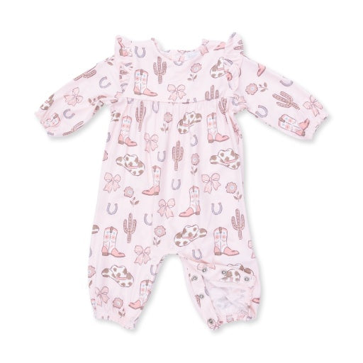 Angel Dear Cowgirl Boots and Bows Ruffle Sleeve Snap Romper