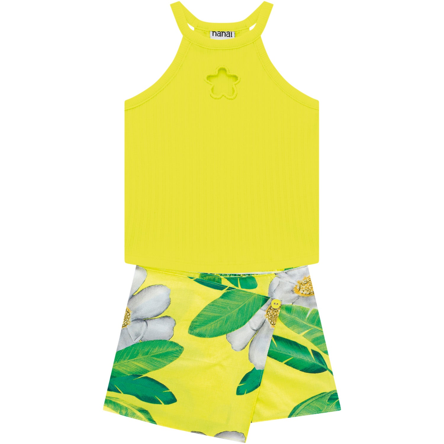 Yellow Top With Cutout and Green Citrus Skirt Set