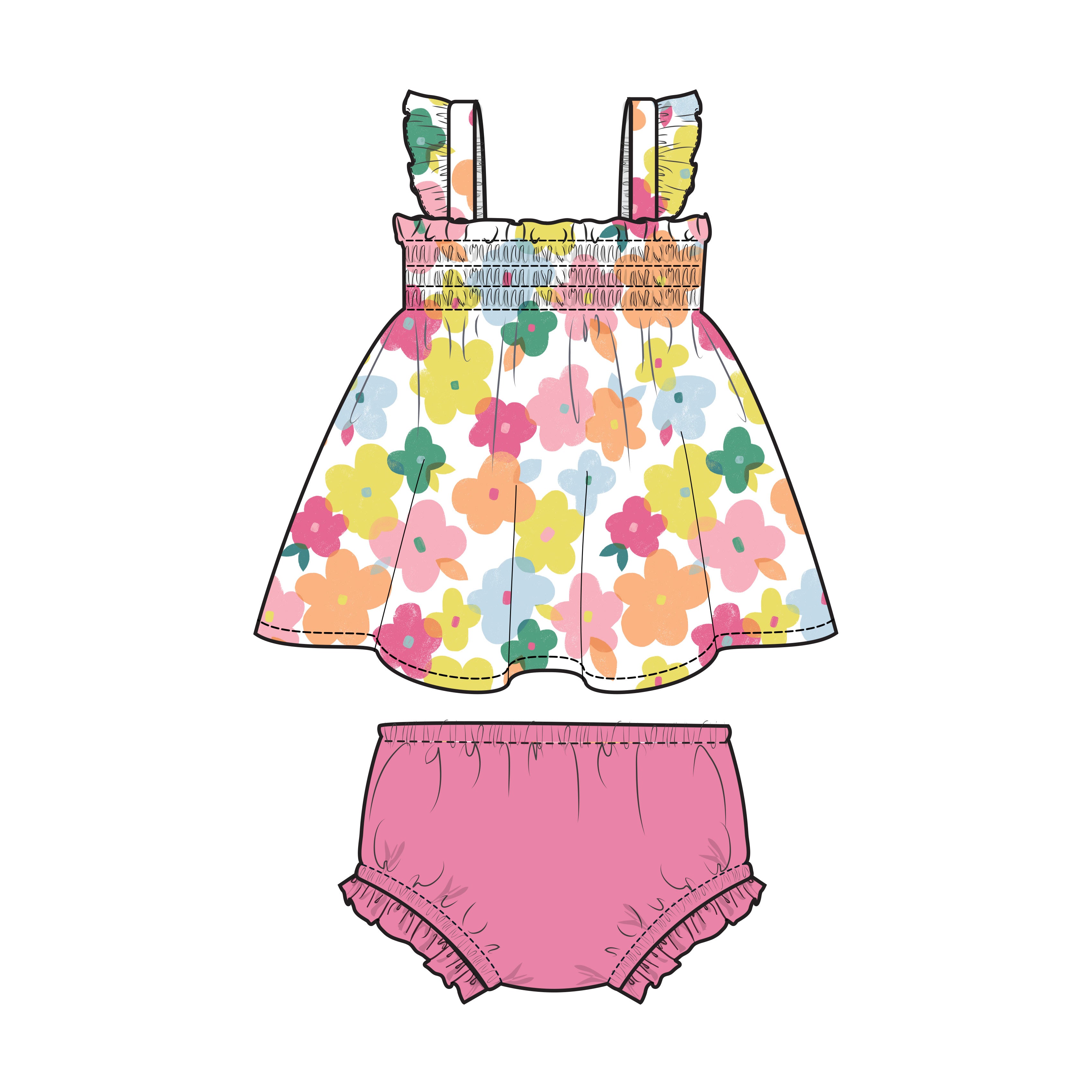 Ruffle Strap Smocked Top And Diaper Cover- Paper Floral