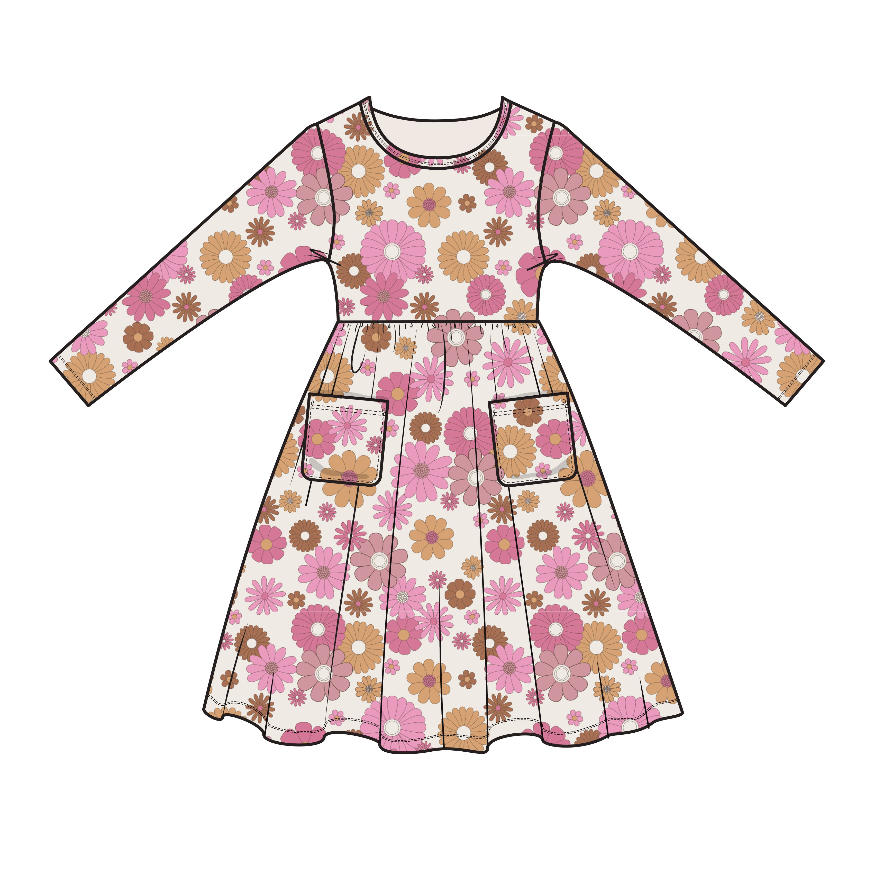 Twirly L/S Dress- Retro Floral Pink