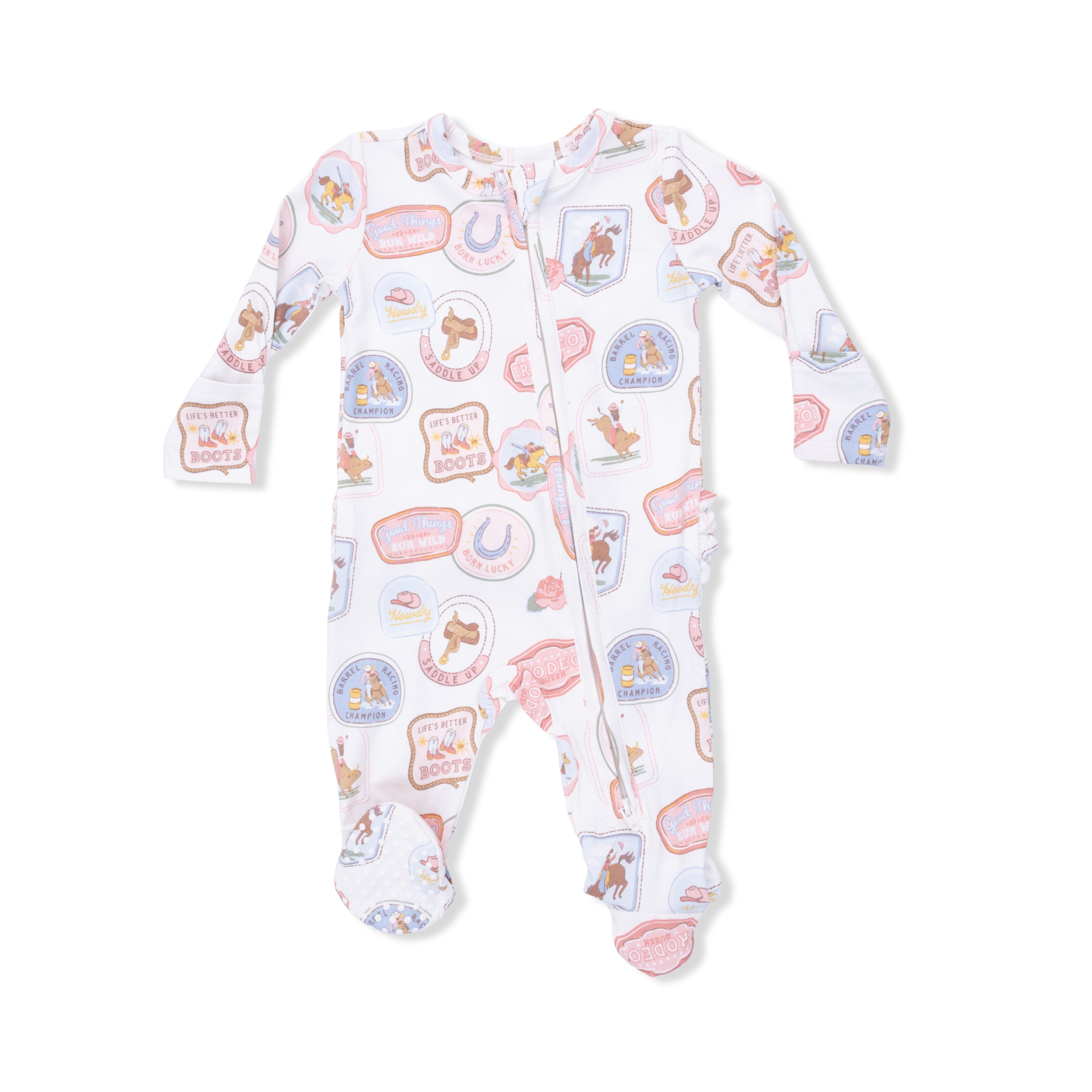 Rodeo Patches Pink - 2 Way Ruffle Back Zipper Footie S26