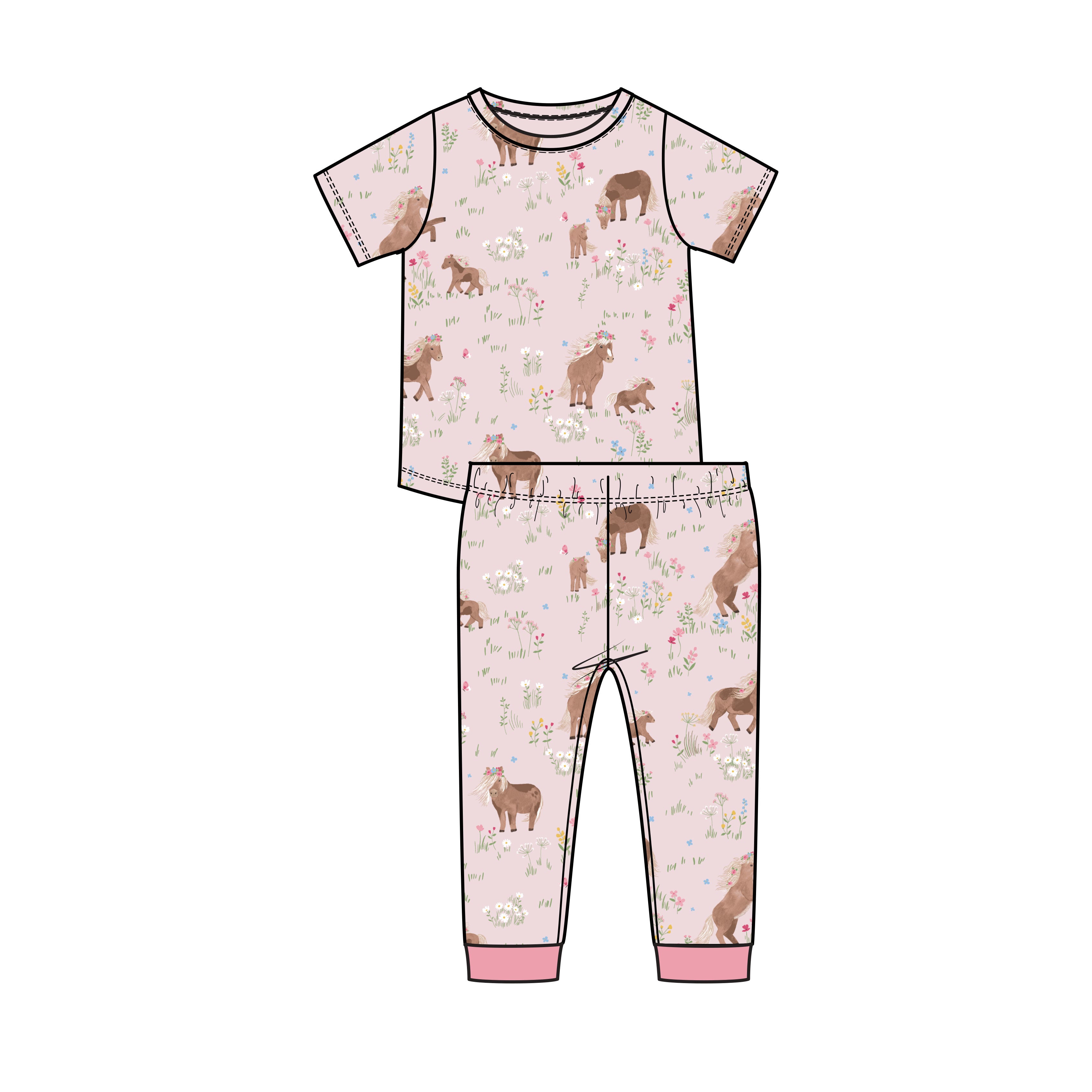 2 Piece S/S Bamboo Lounge Wear Set - Watercolor Ponies