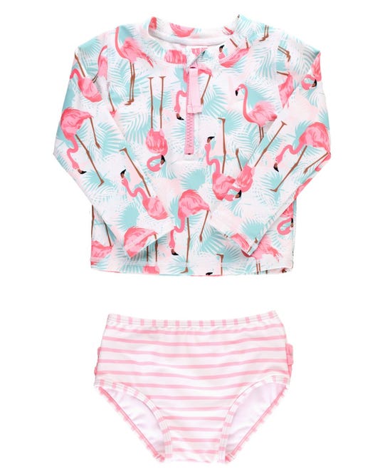 Vibrant Flamingo Long Sleeve Zipper Rash Guard 2 Piece Swimsuit