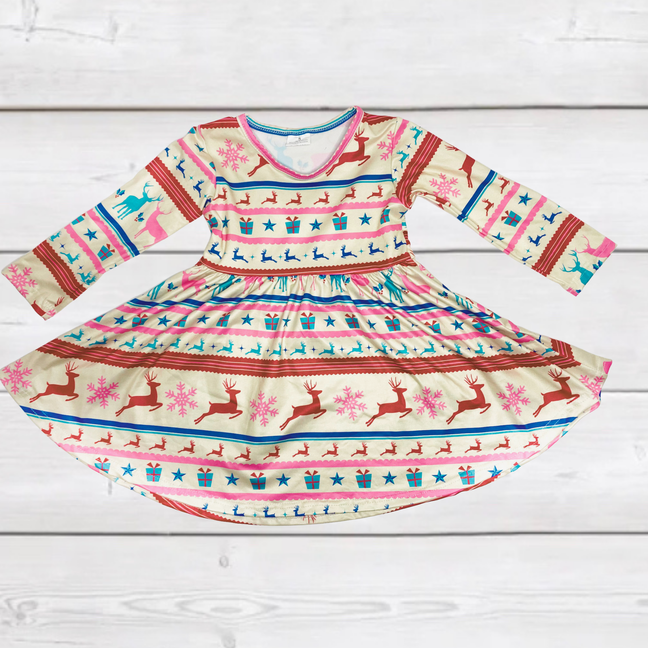 Festive Alpine Stripes Long Sleeve Twirl Dress