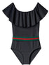 Black Draped Swimsuit With Green/Red Stripe