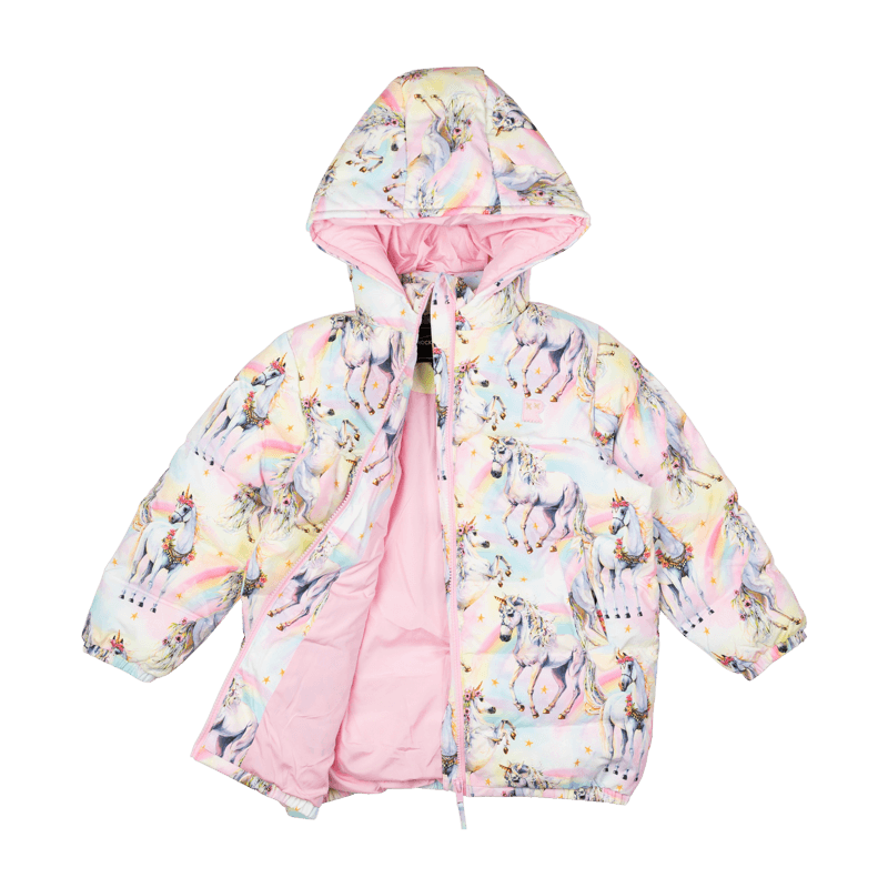 Sorbet Unicorn Long Hooded Puffer Jacket with Lining