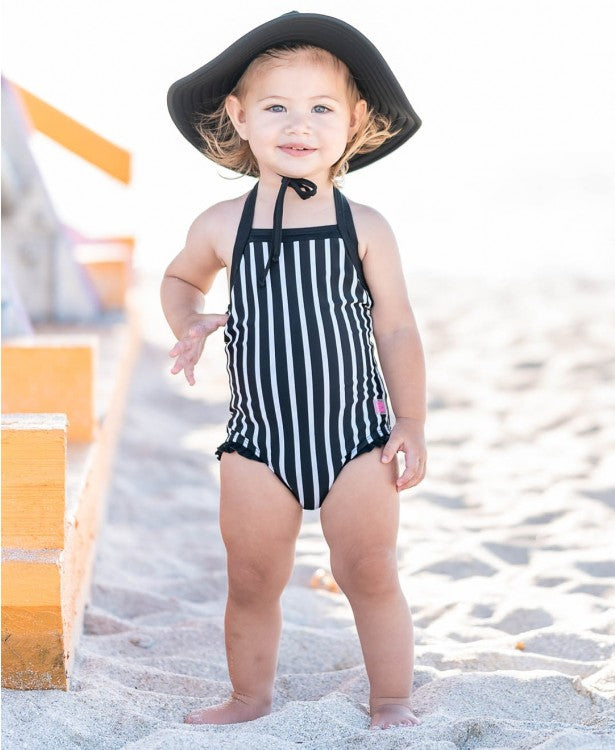 Black & White Stripe Halter One Piece Swimsuit